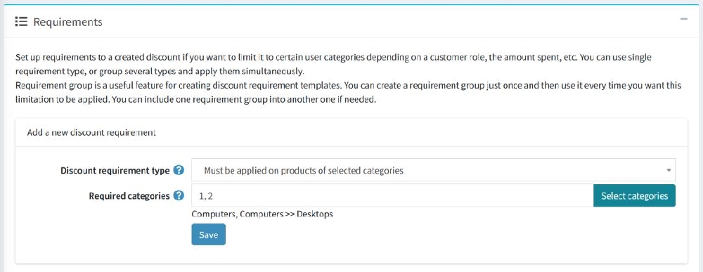 category based discount condition requirement setting page